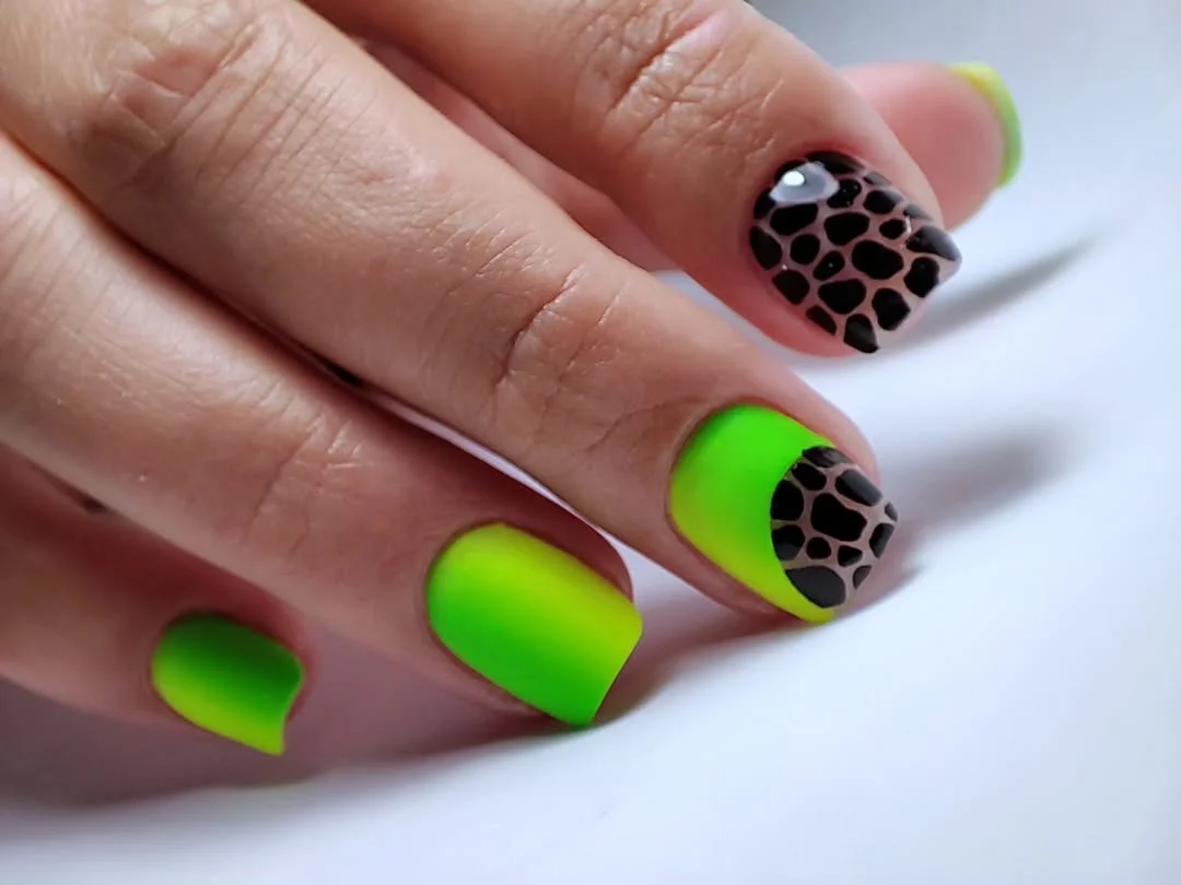 23 short squoval nails design 2026 Neon Green Animal Print With Bold Fashion Energy