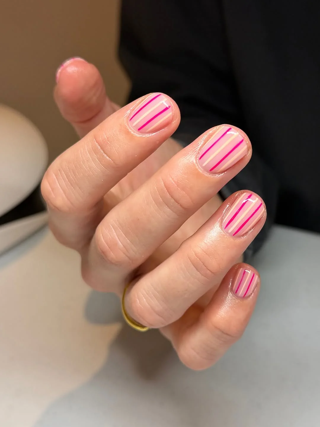 23 short squoval nails design 2026 Minimal Pink Stripes That Never Go Out of Style