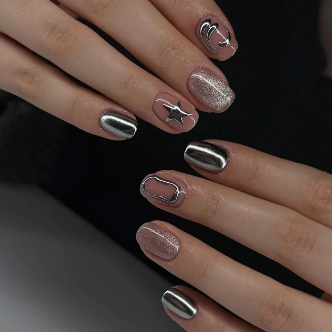 23 short squoval nails design 2026 Futuristic Chrome Accents For A Modern Edge
