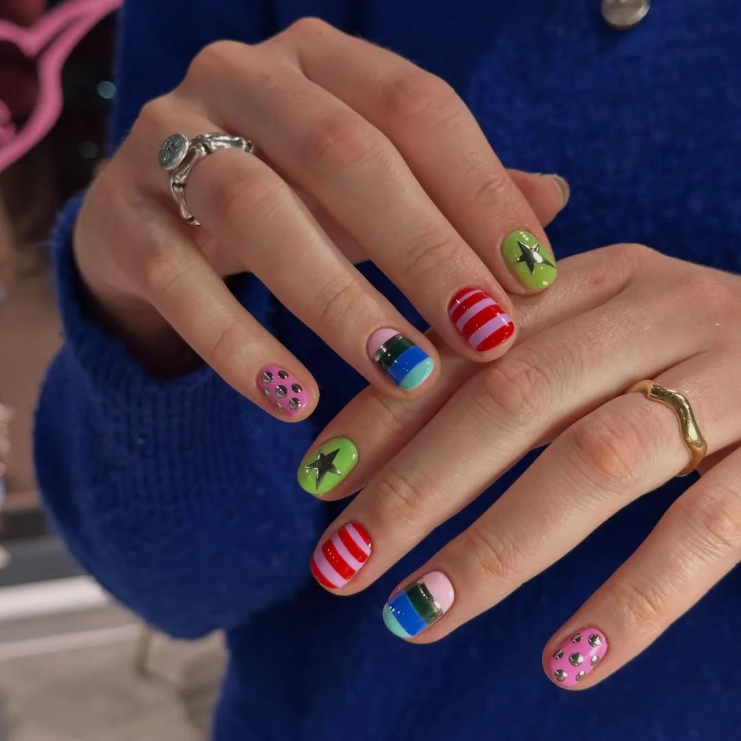 23 short squoval nails design 2026 Retro Pop Art With Mixed Patterns and Statement Colors