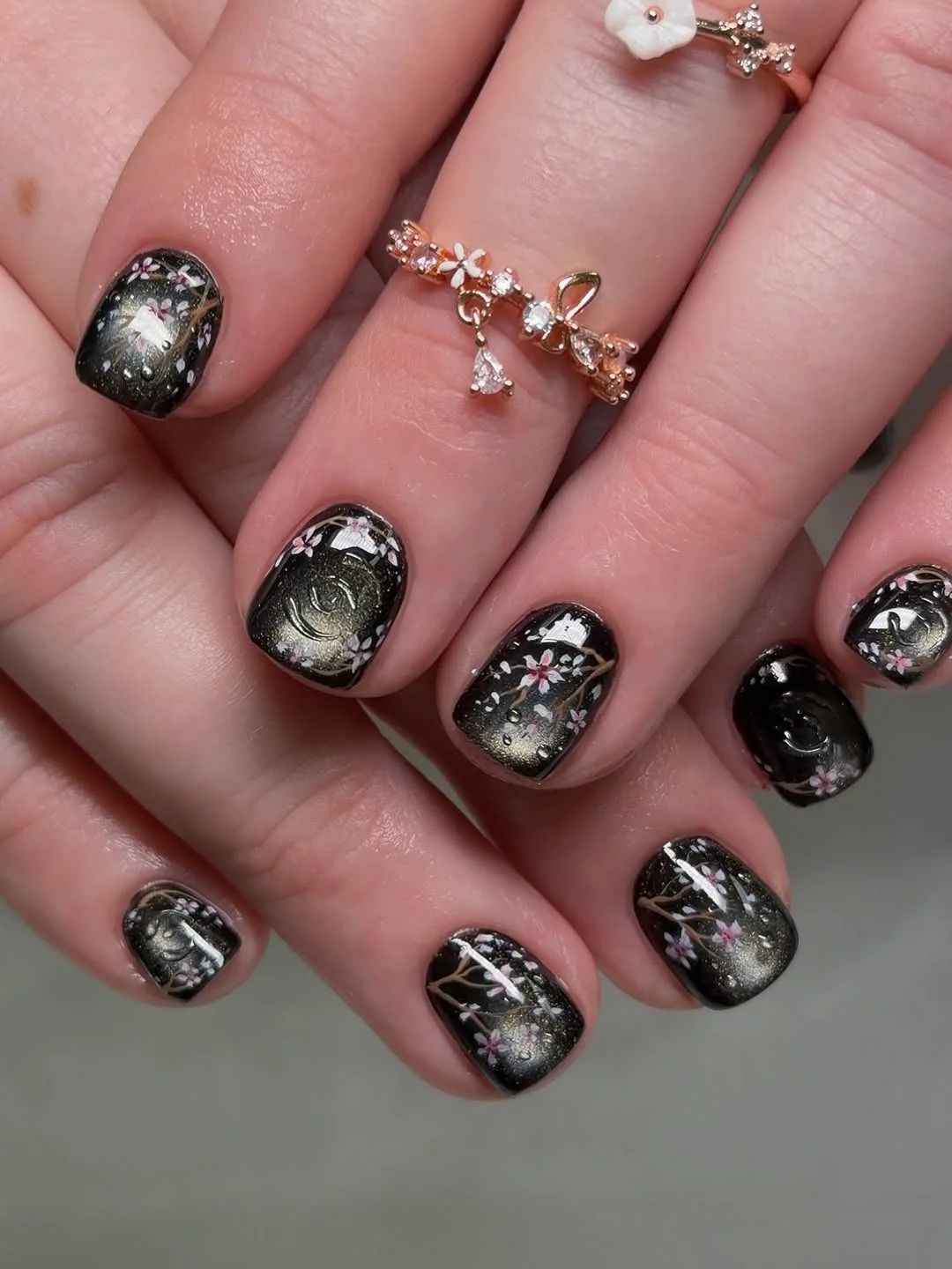 23 short squoval nails design 2026 Midnight Floral Nails With Delicate Botanical Art