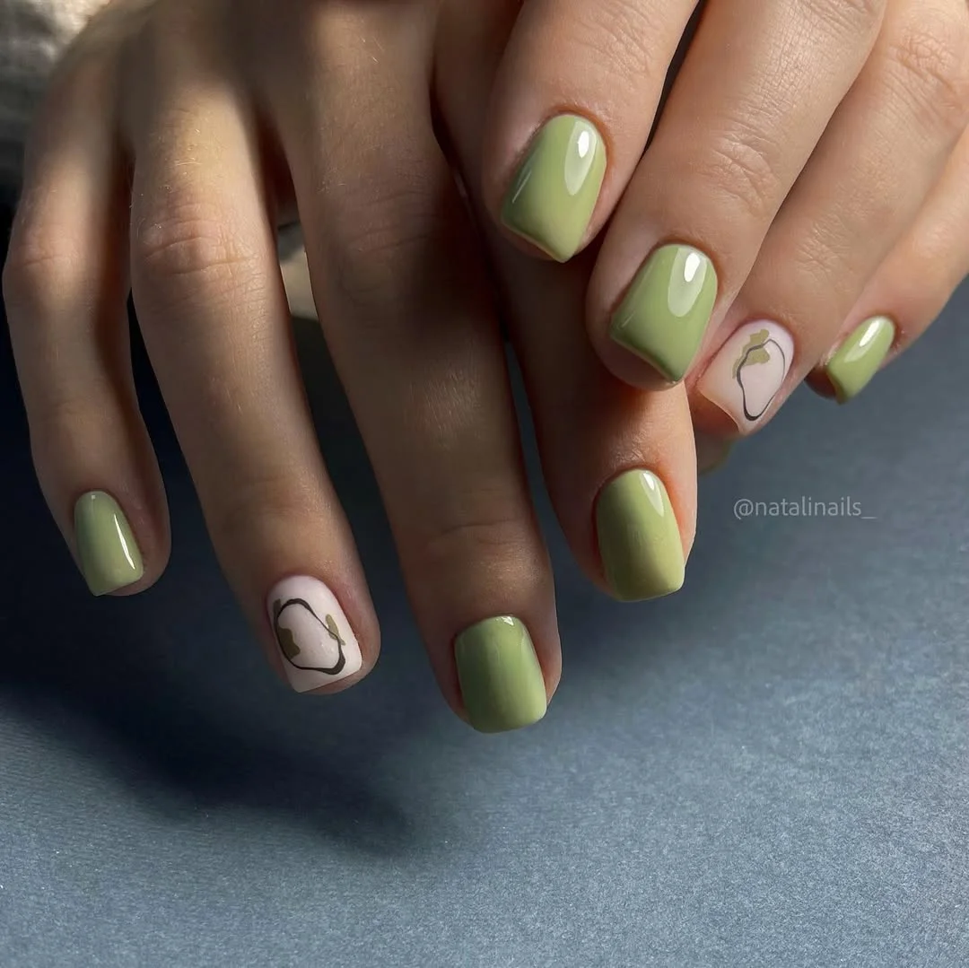 21 short summer nails 2026 Glossy Sage Green Nails With Minimal Pear Art
