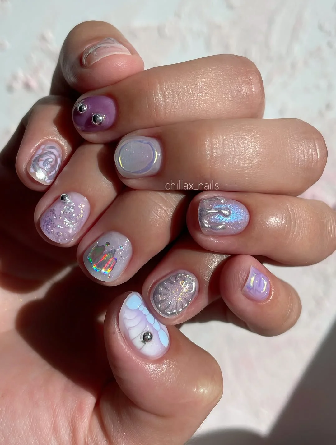 21 short summer nails 2026 Dreamy Iridescent Lavender Nails With Mixed Texture Art