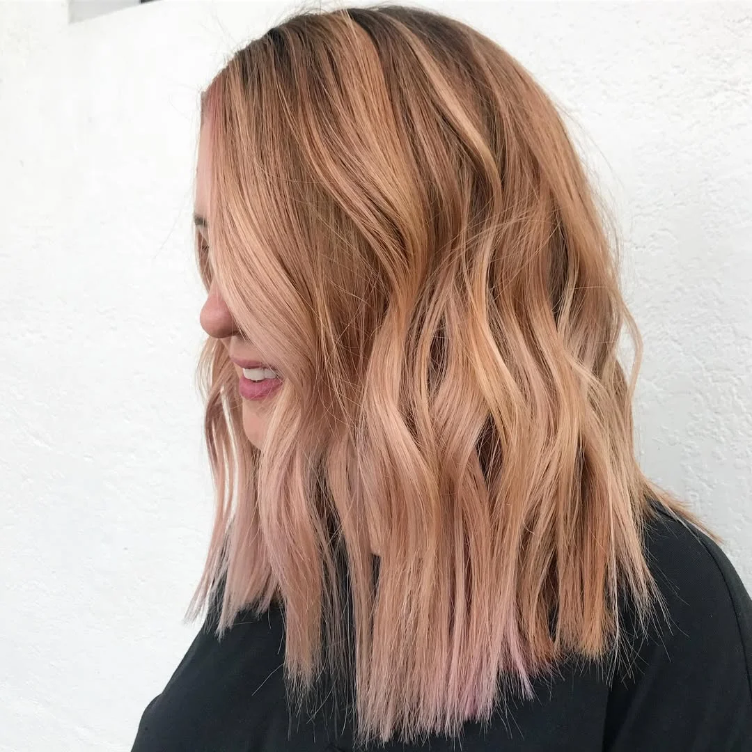 soft summer apricot blonde hair color 2026 Textured Apricot Blonde Lob with Soft Highlights