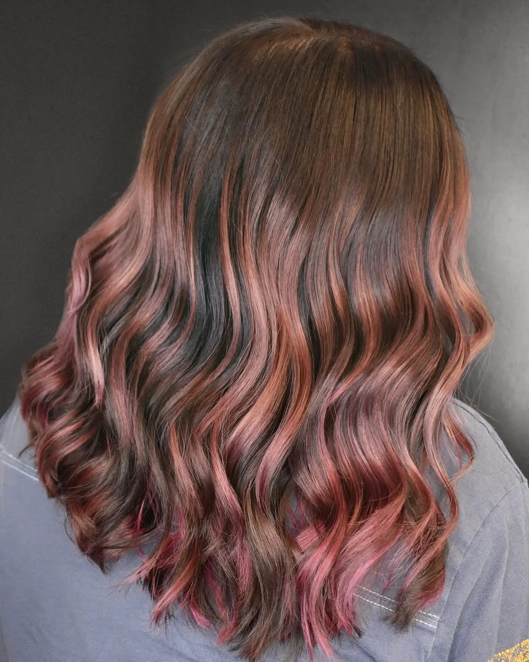 soft summer rose brunette hair color 2026 Deep Brunette With Rose Ribbon Highlights