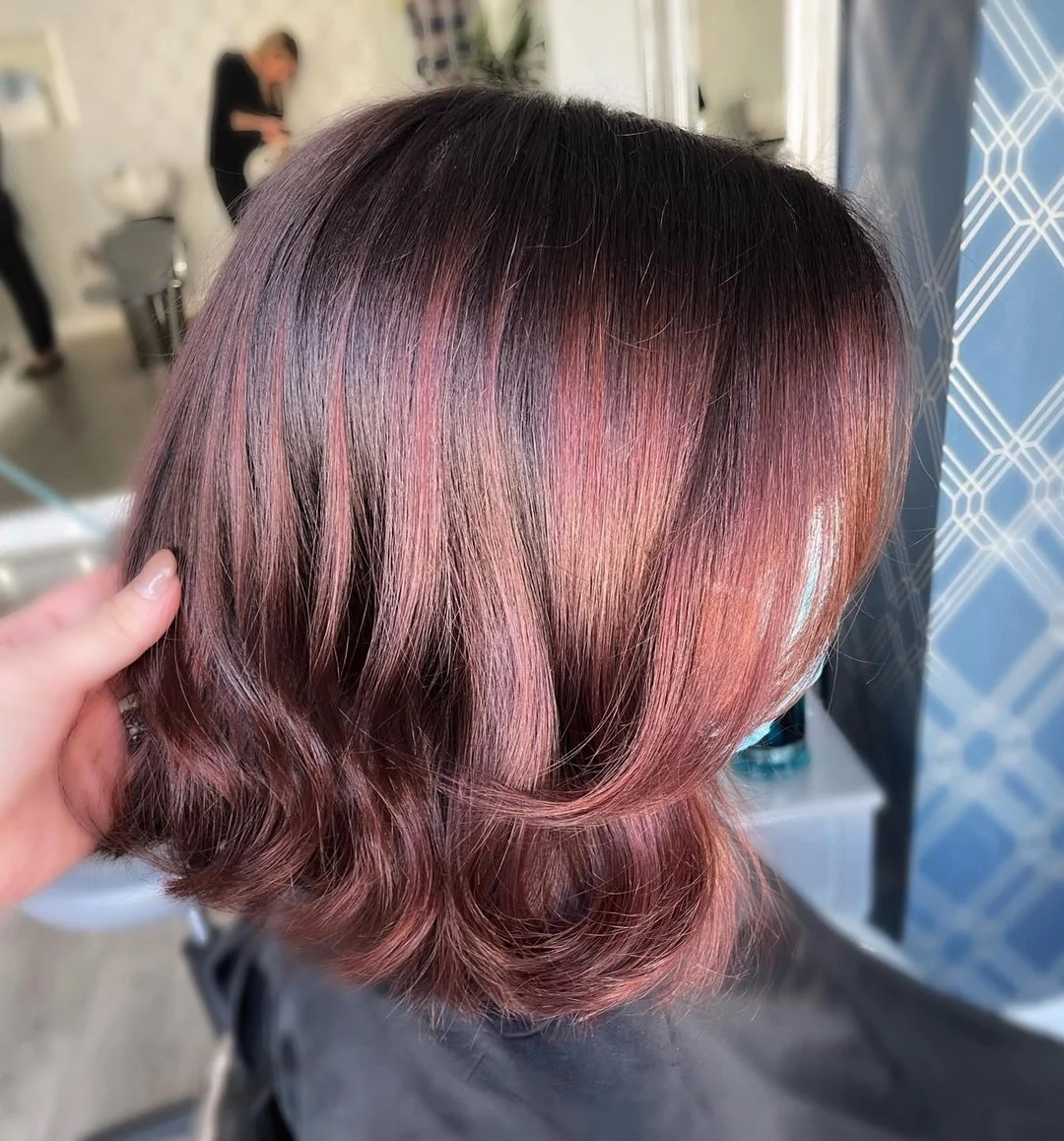 soft summer rose brunette hair color 2026 Soft Rose Brunette Bob With Sculpted Ends