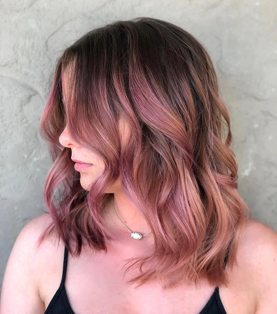 soft summer rose brunette hair color 2026 Dusty Rose Brunette Lob With Soft Texture