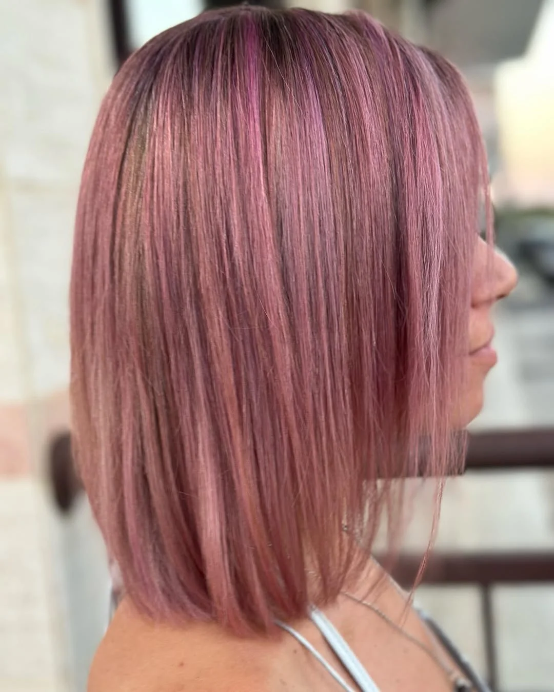soft summer rose brunette hair color 2026 Sleek Dusty Rose Bob With Glass-Like Shine