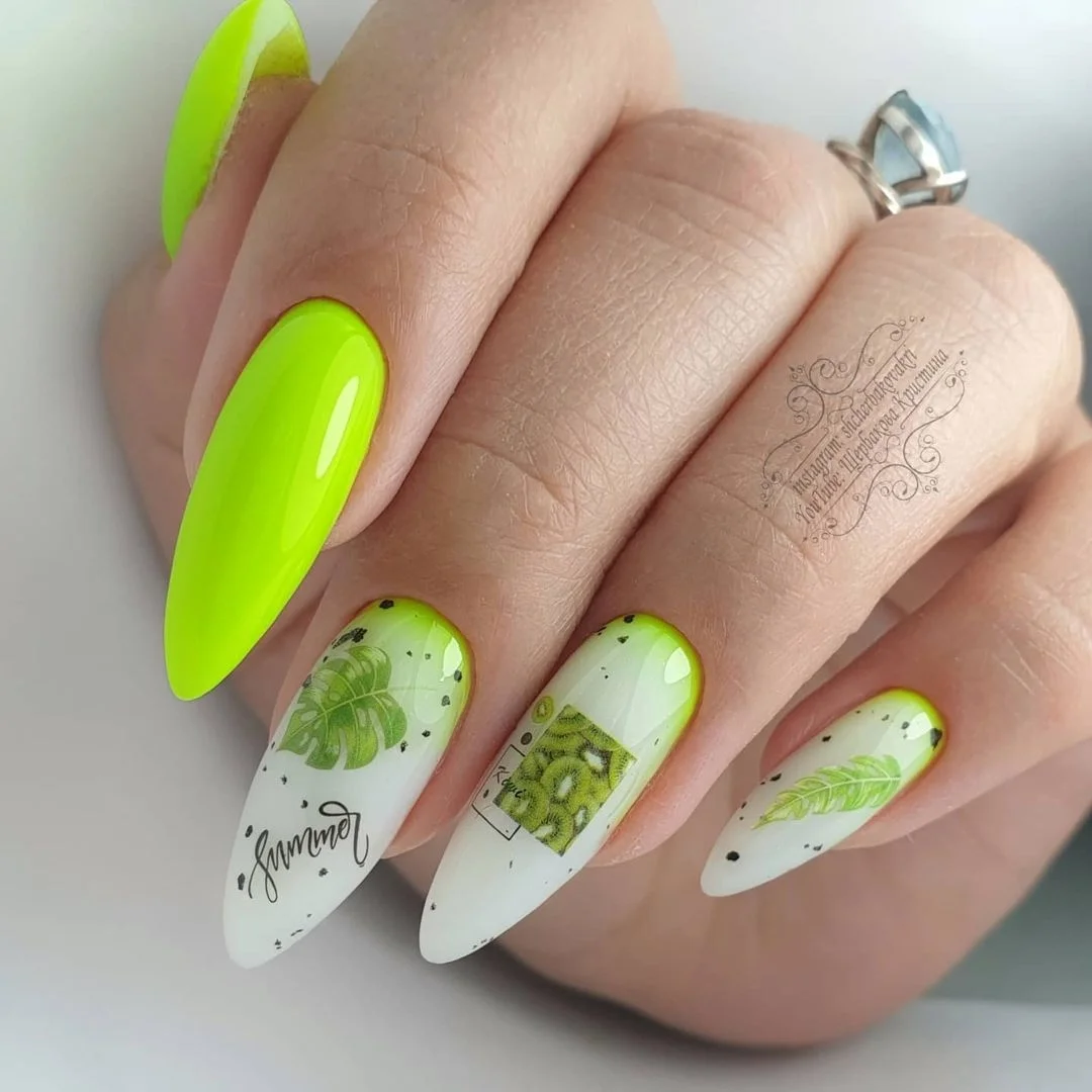 summer beach nails 2026 Neon Kiwi Beach Nails With Tropical Fruit Details