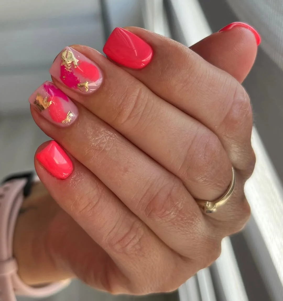 summer beach nails 2026 Hot Coral Beach Nails With Gold Foil Glow