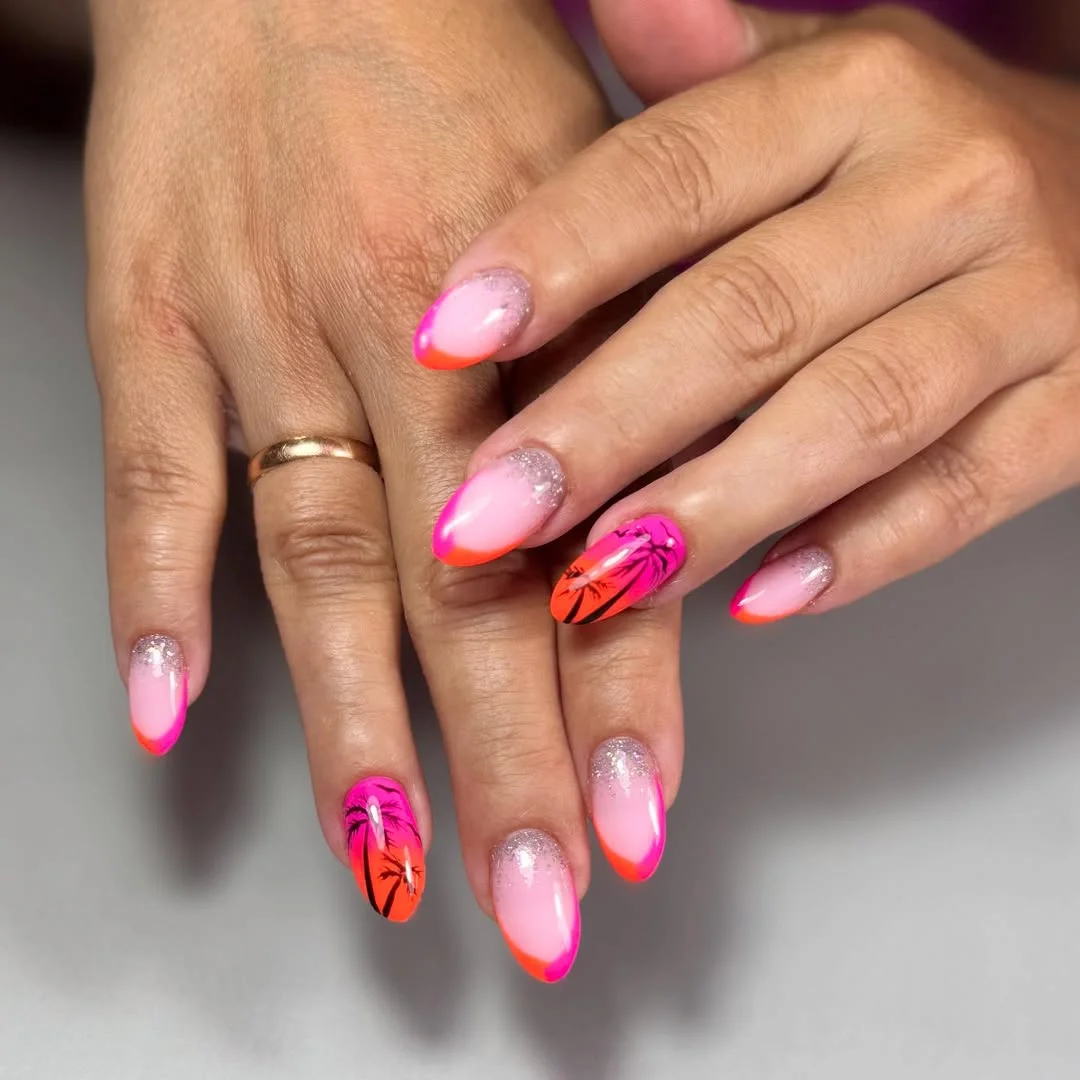 summer beach nails 2026 Neon Sunset French Tips With Tropical Palm Details