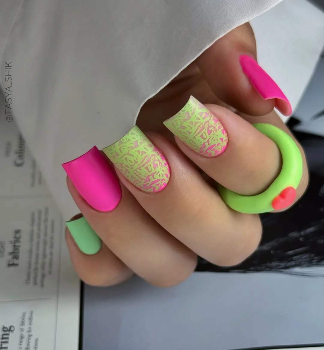 summer beach nails 2026 Neon Pink And Lime Nails Made For Tropical Summer Nights