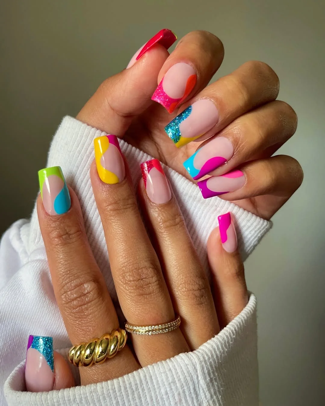 Summer French nails ideas 2026 Bright Color Block French Tips For Playful Summer Energy