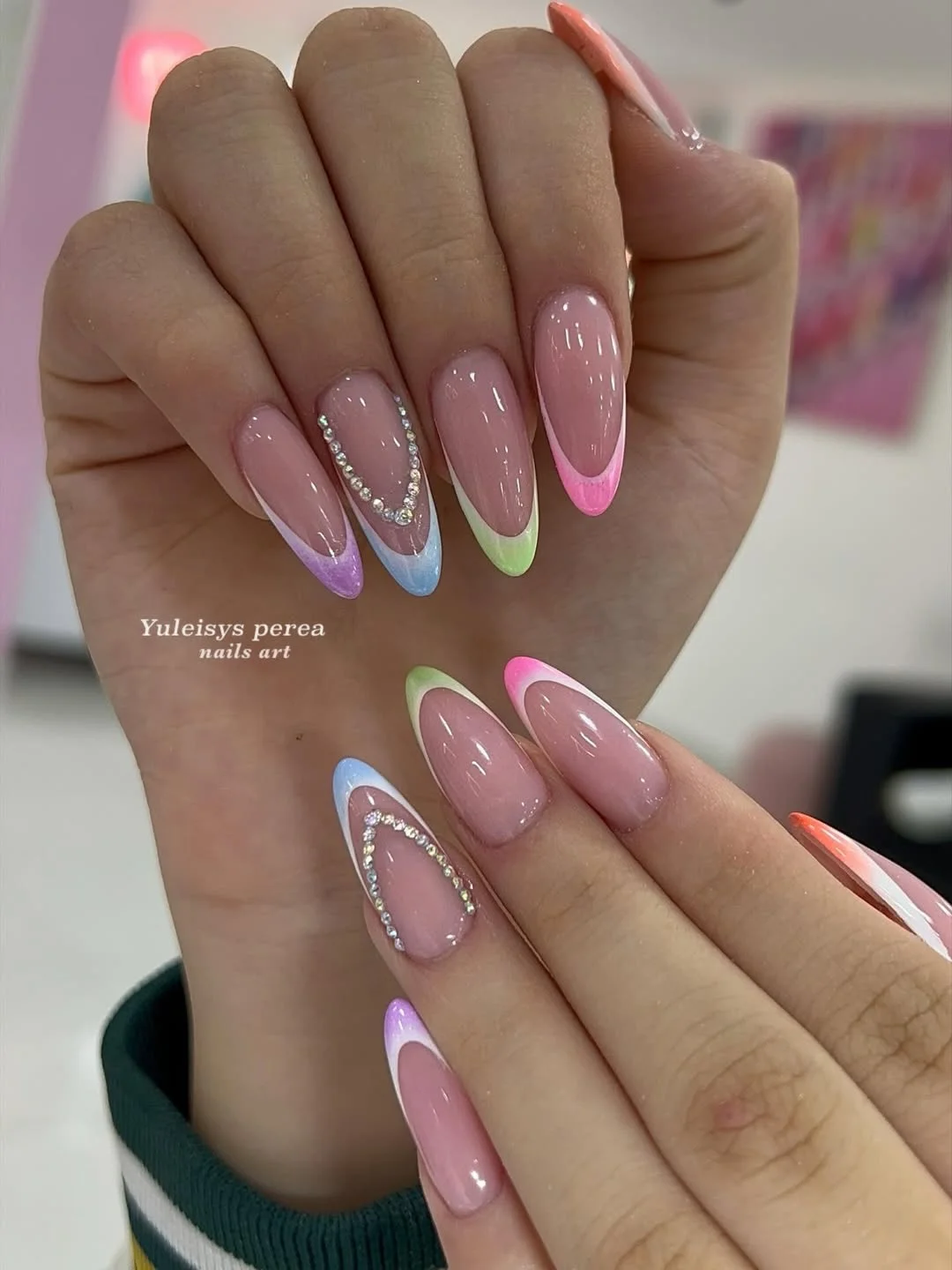 Summer French nails ideas 2026 Pastel Rainbow French Nails With Crystal Accents