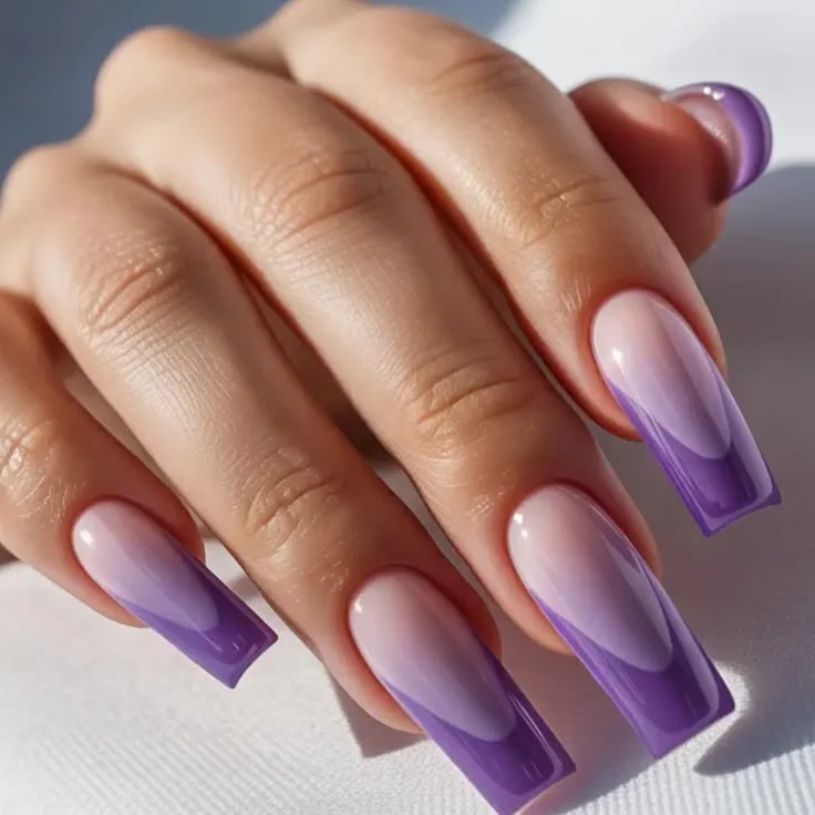 Summer French nails ideas 2026 Lavender Ombre French Nails With Glossy Depth
