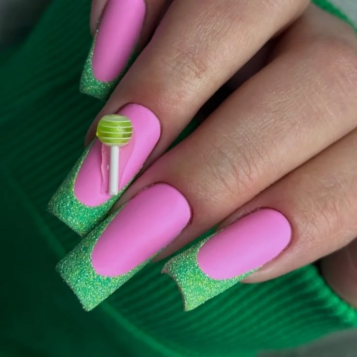 Summer French nails ideas 2026 Glossy Candy French Nails With Neon Green Sugar Tips