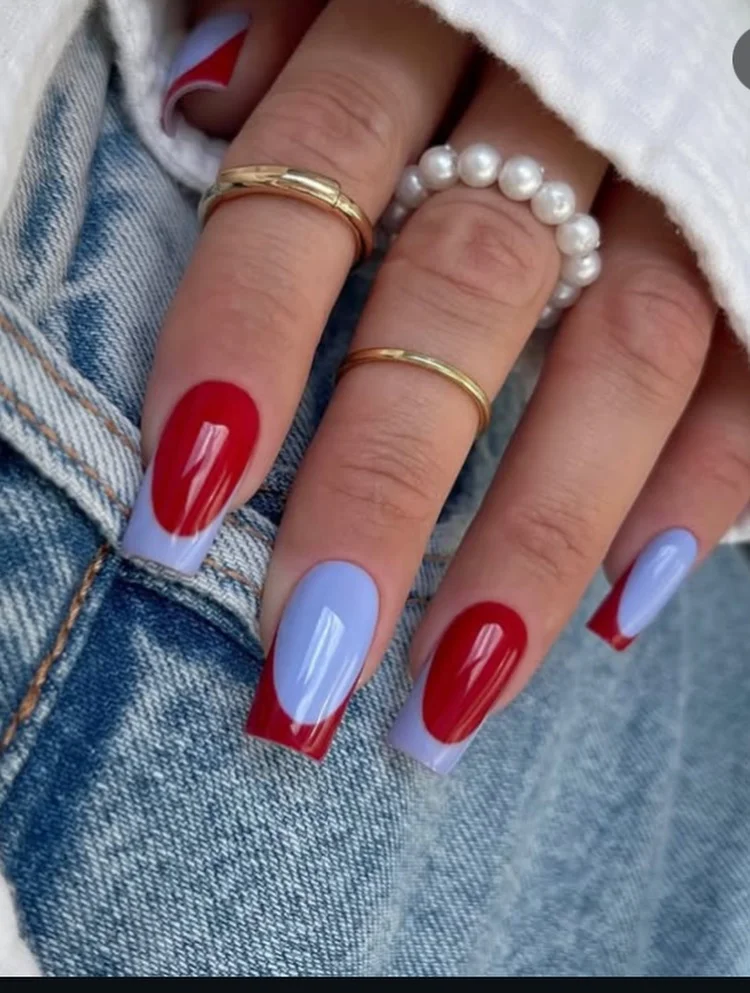 Summer French nails ideas 2026 Bold Red And Baby Blue French Nails With Retro Contrast
