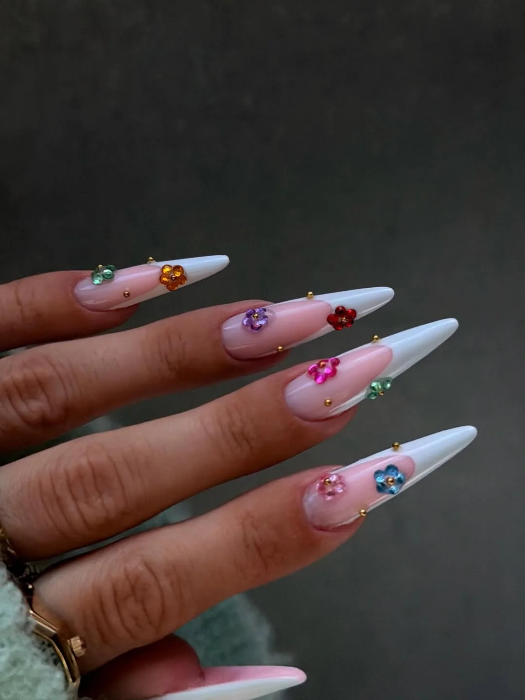 Summer French nails ideas 2026 Sharp White French Nails With Tiny Jewel Flowers