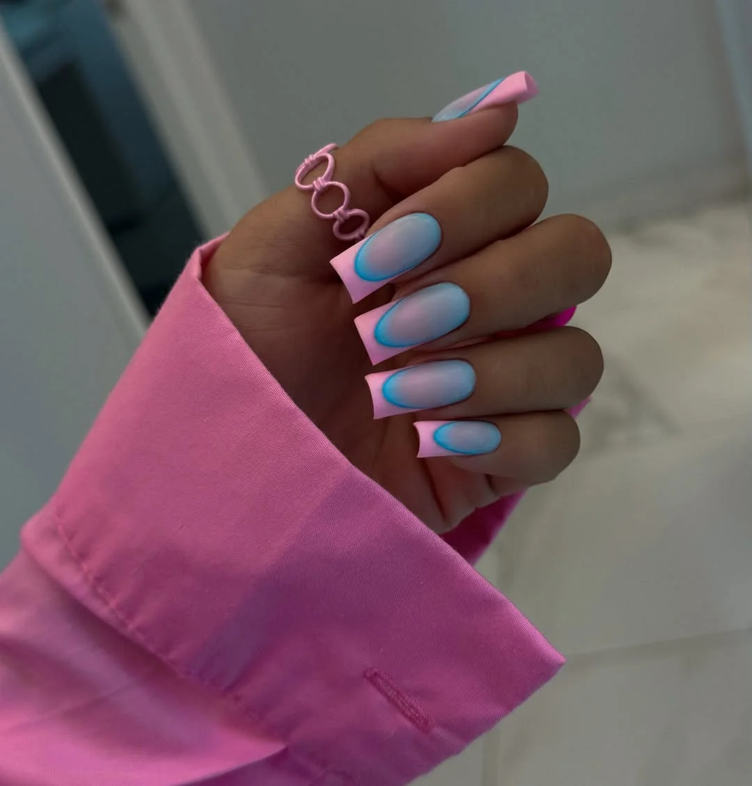 Summer French nails ideas 2026 Pastel Blue And Pink French Nails With Airbrushed Edges