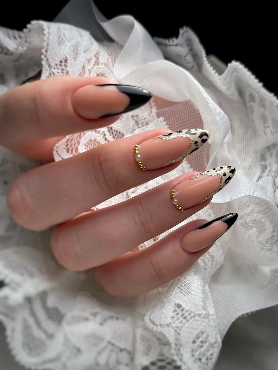 summer french tip nails 2026 Black French Tips With Leopard Accents And Gold Details