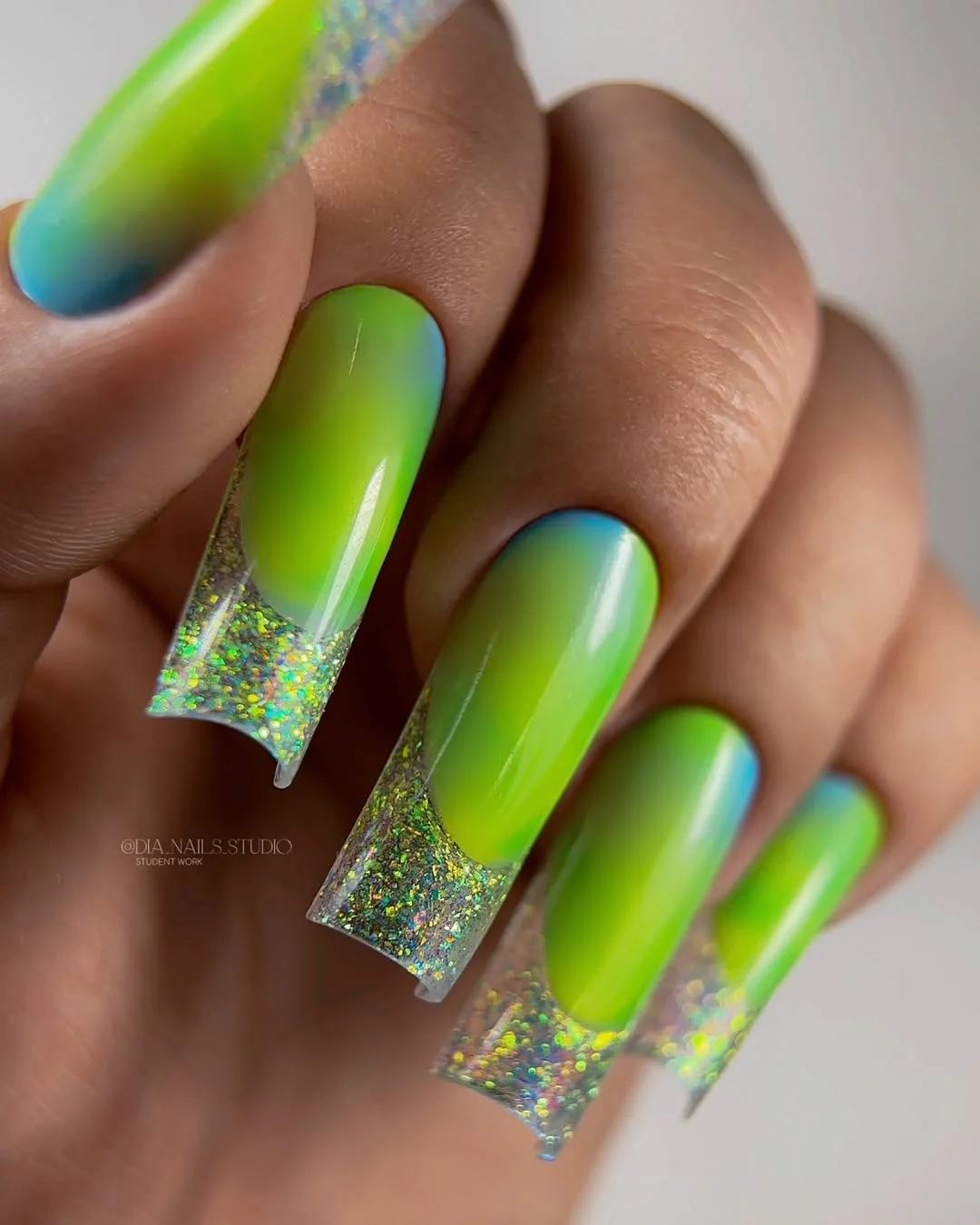 summer french tip nails 2026 Electric Lime Glitter French Nails That Glow In Sunlight