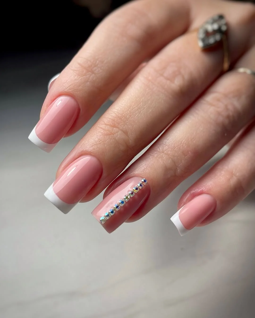 summer french tip nails 2026 Classic Soft Pink French Manicure With Crystal Detail