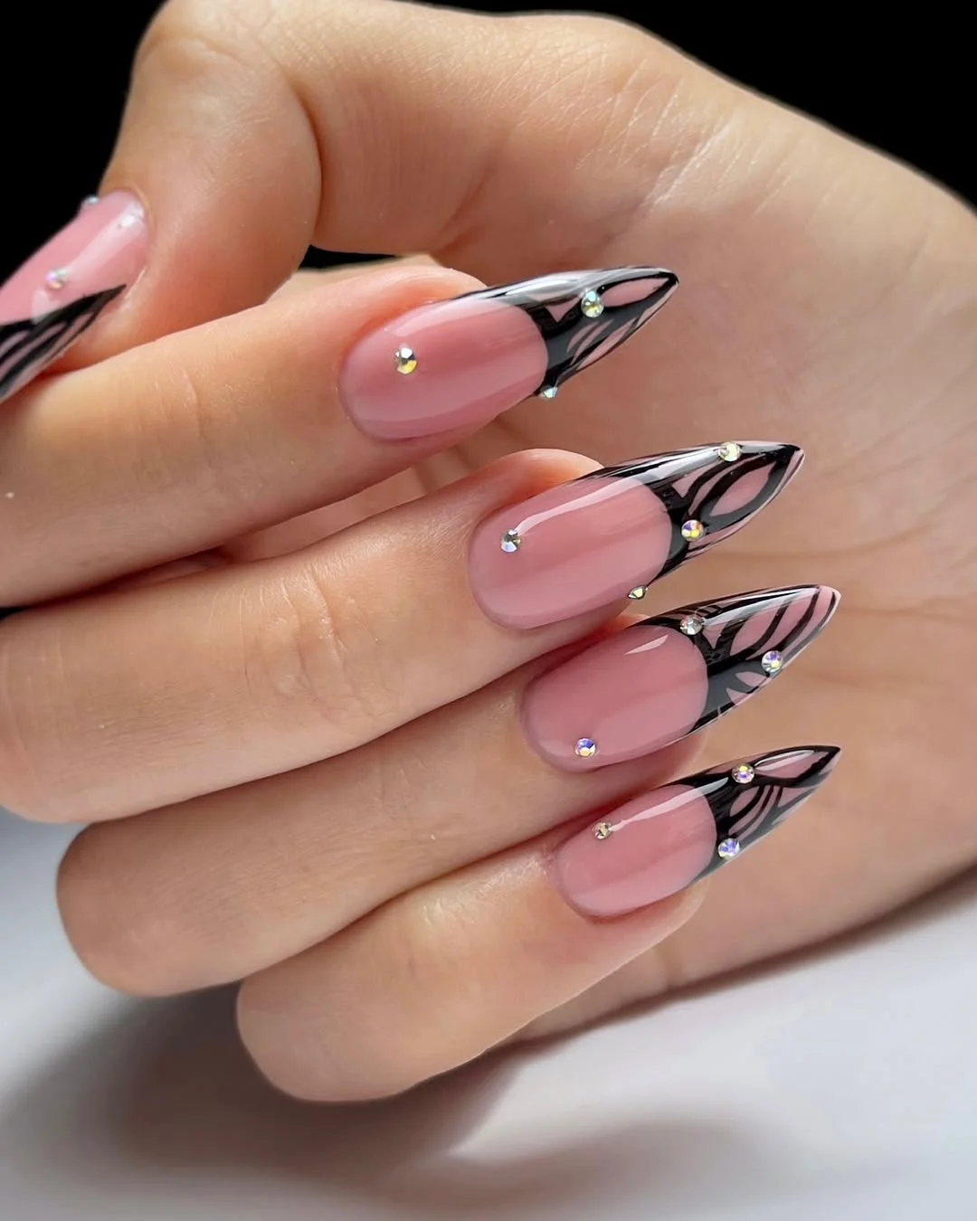 summer french tip nails 2026 Glossy Black Flame French Tips With Rhinestone Accents