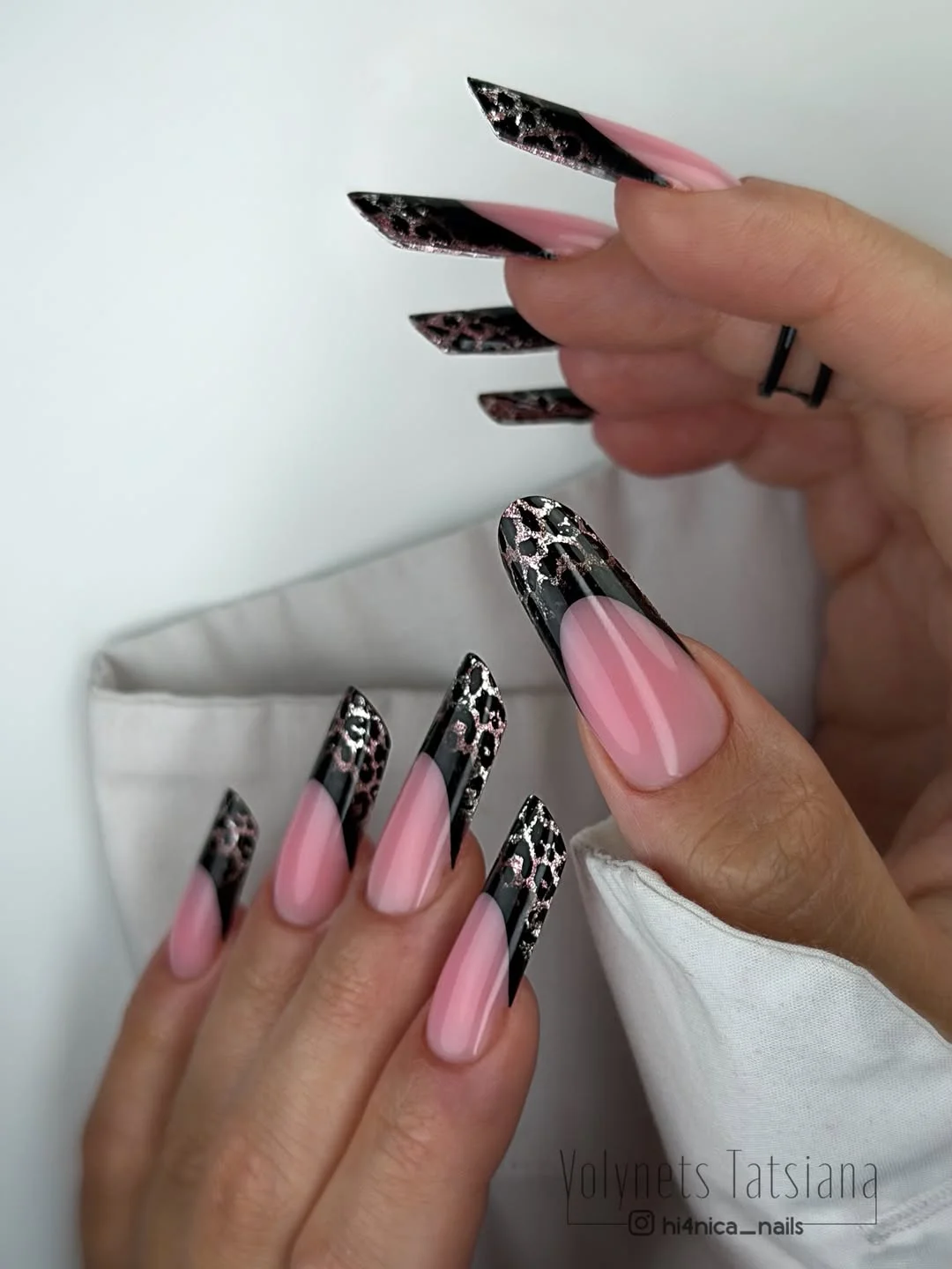 summer french tip nails 2026 Black Glitter Leopard French Tips With Sharp Drama