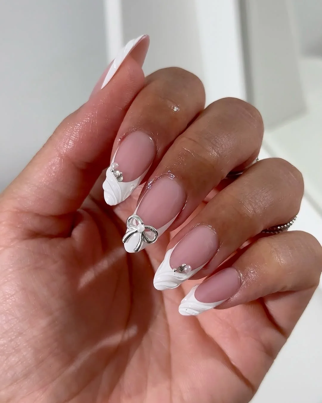summer french tip nails 2026 Soft White Ribbon French Nails That Feel Almost Bridal