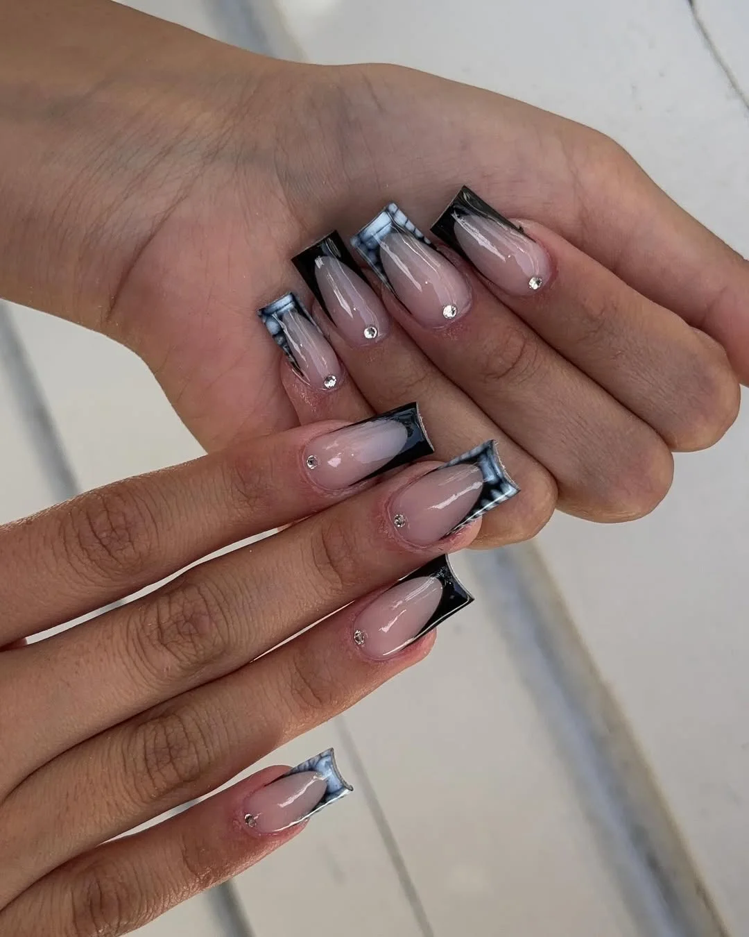summer french tip nails 2026 Smoky Black French Tips With Glossy Edge Detail
