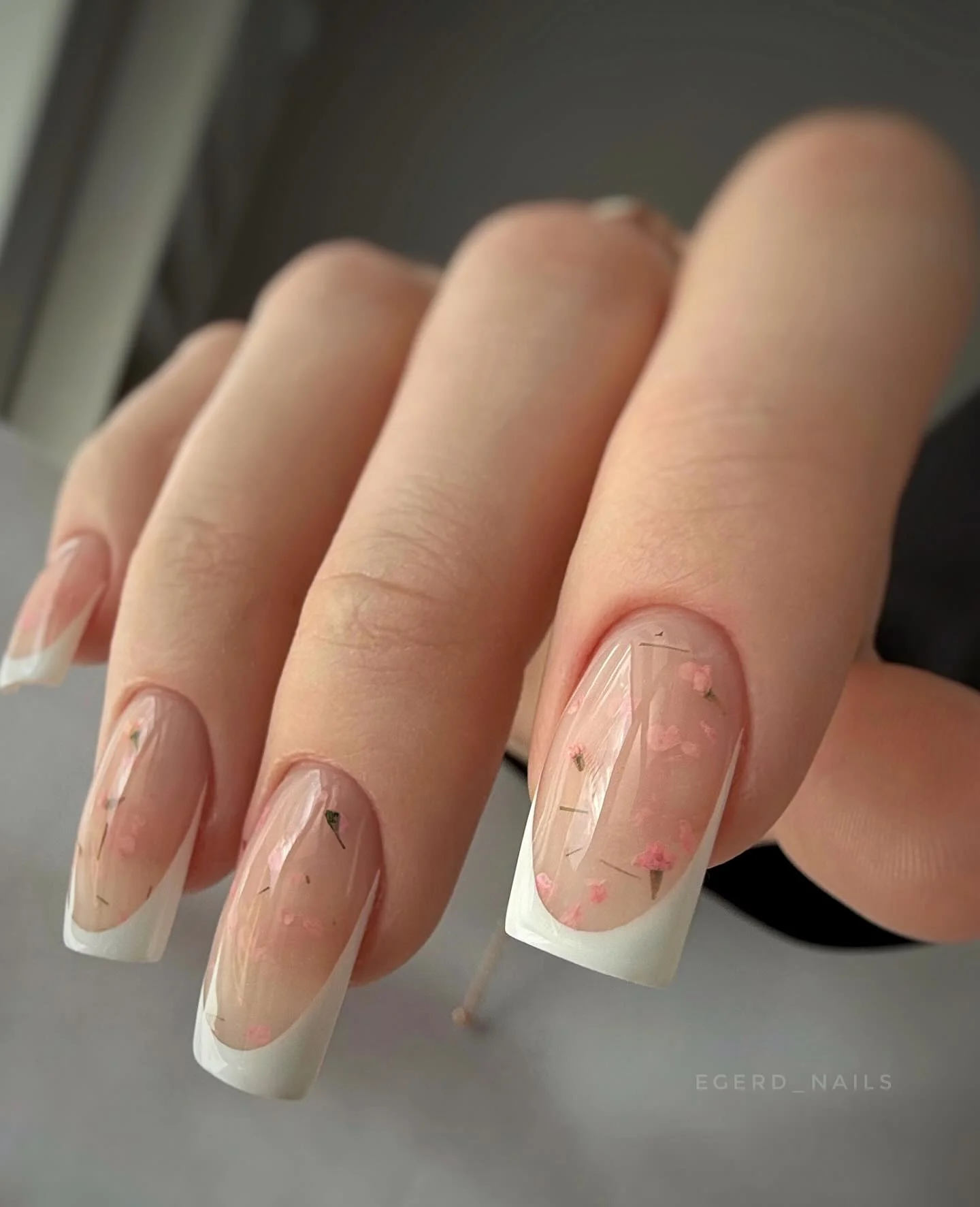 summer french tip nails 2026 Soft Floral French Nails With Pressed Petal Details