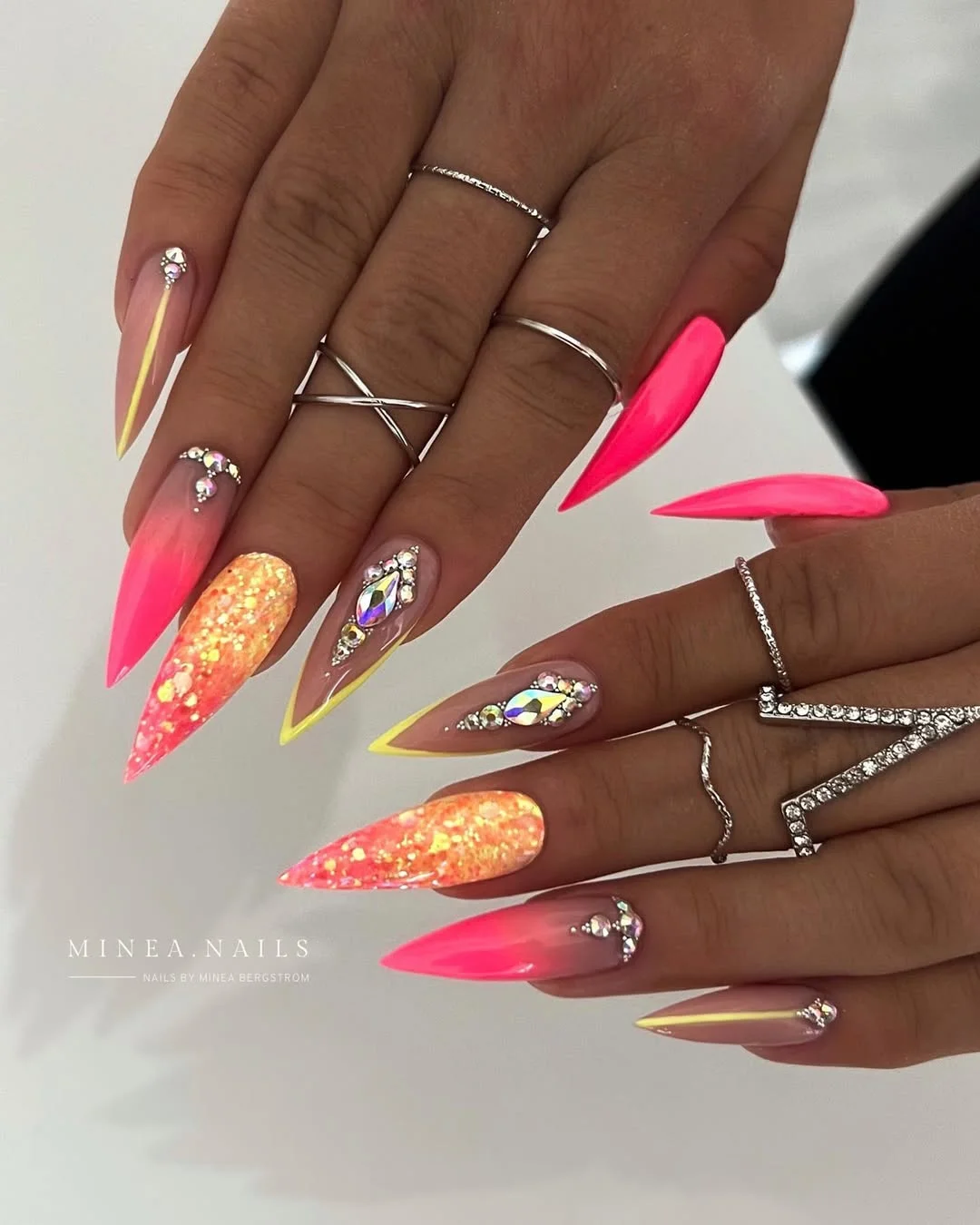 summer glitter nails 2026 Neon Pink Glitter Stilettos That Steal The Spotlight