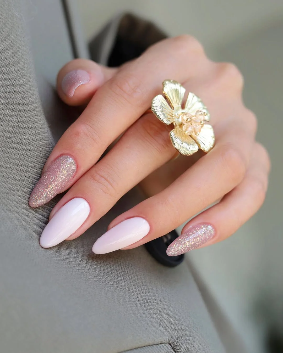 summer glitter nails 2026 Soft White Glitter Almond Nails For Effortless Sophistication