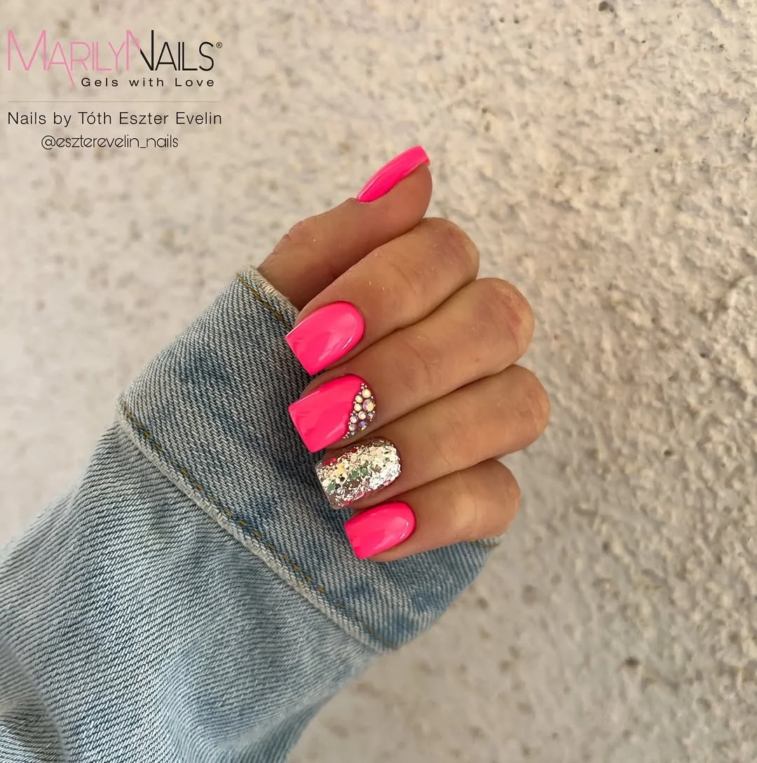summer glitter nails 2026 Neon Pink Glitter Accent Nails That Feel Instantly Summer Ready