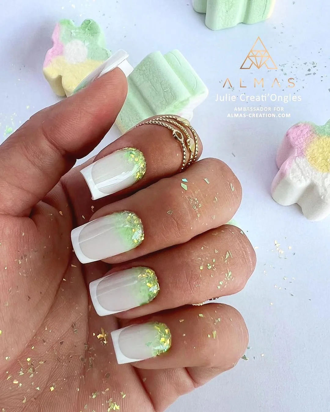 summer glitter nails 2026 Pastel Green Glitter French Nails With A Fresh Twist