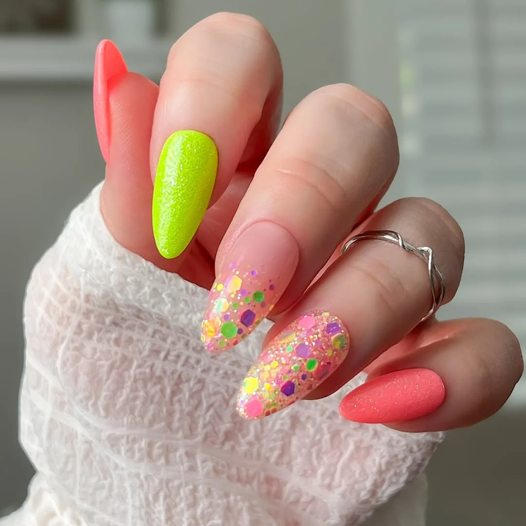 summer glitter nails 2026 Playful Neon Glitter Mix For Endless Summer Energy