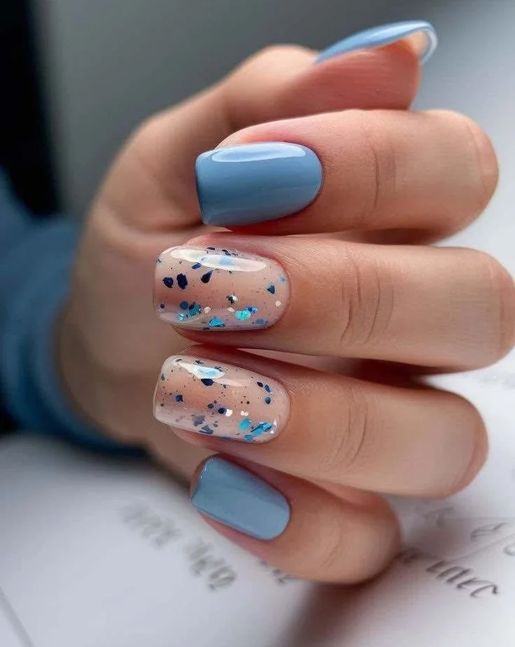 summer glitter nails 2026 Soft Blue Glitter Nails Inspired By Summer Skies