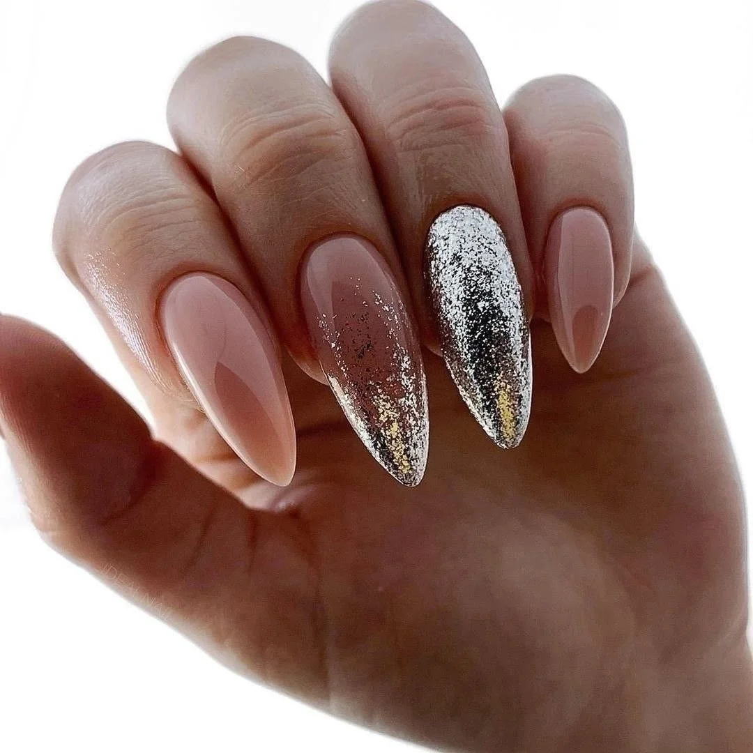summer glitter nails 2026 Silver Glitter Almond Nails With Modern Evening Glamour