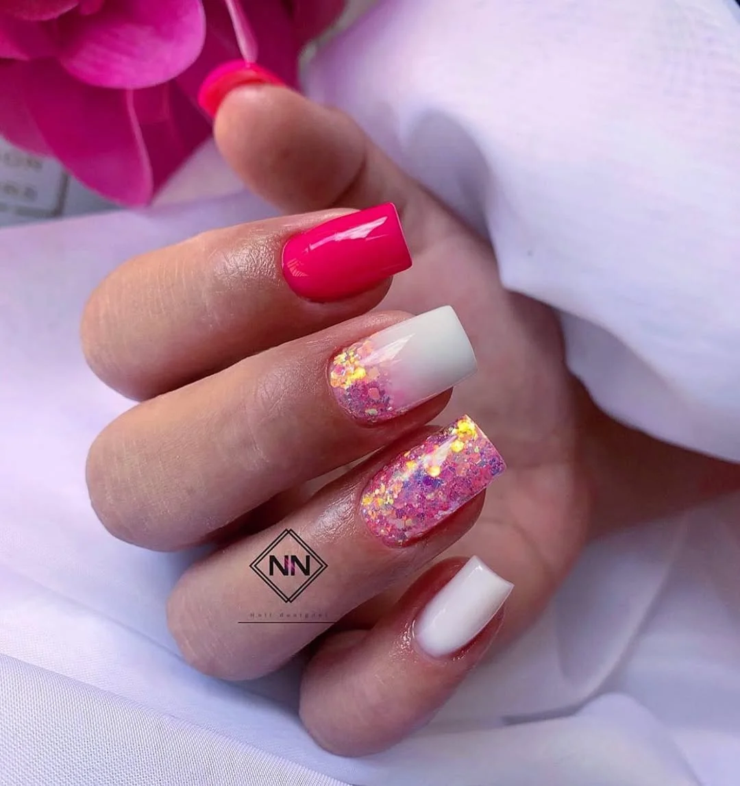 summer glitter nails 2026 Hot Pink And Iridescent Glitter For Poolside Weekends