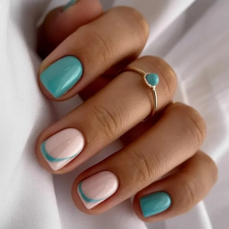 21 summer manicure color ideas 2026 Turquoise Minimalism With a Soft Micro French Twist