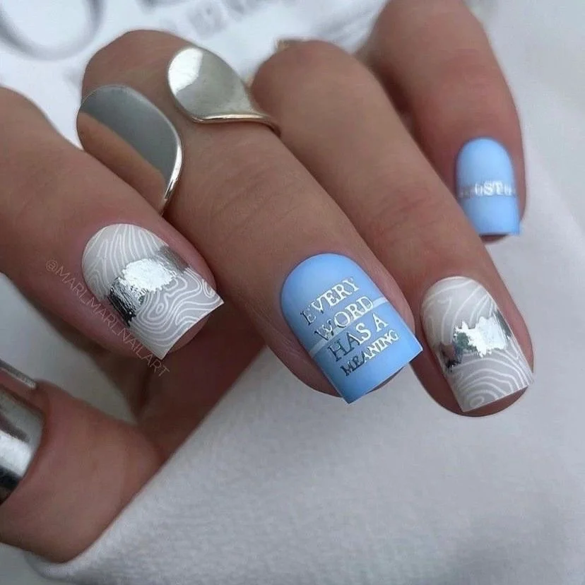 21 summer manicure color ideas 2026 Powder Blue Statement Nails With Silver Chrome Details