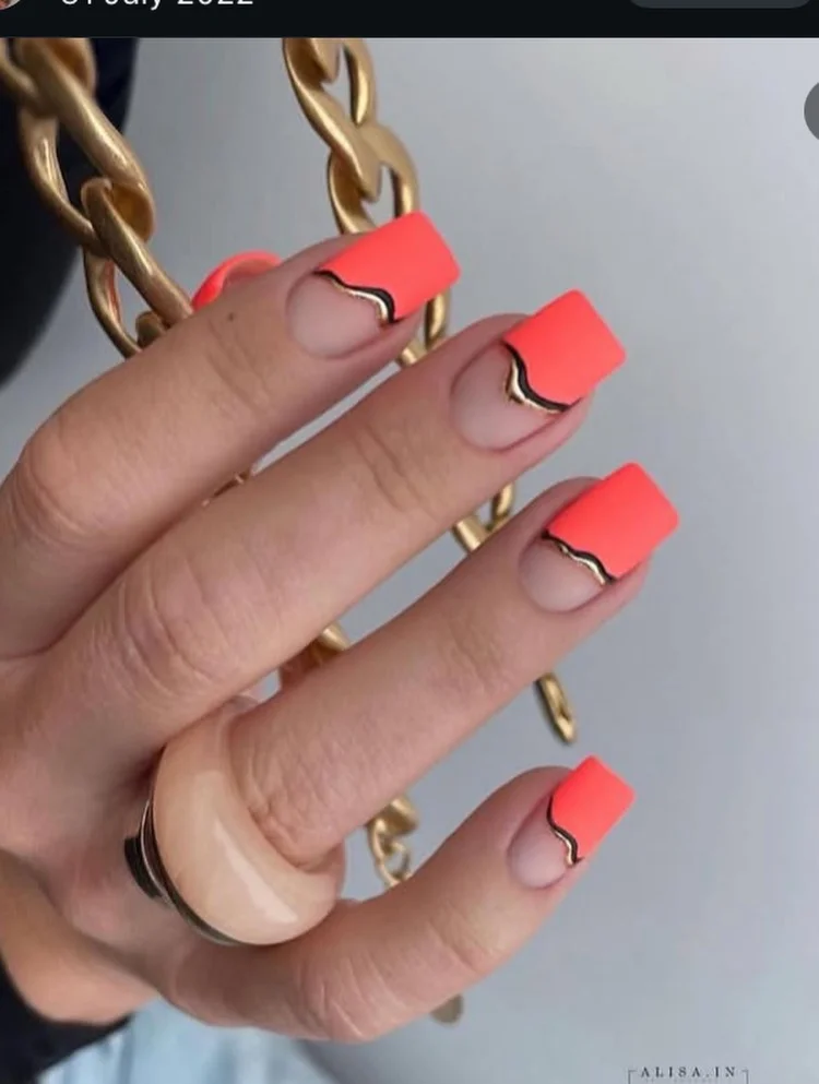 21 summer manicure color ideas 2026 Hot Coral French Tips With Metallic Wave Details
