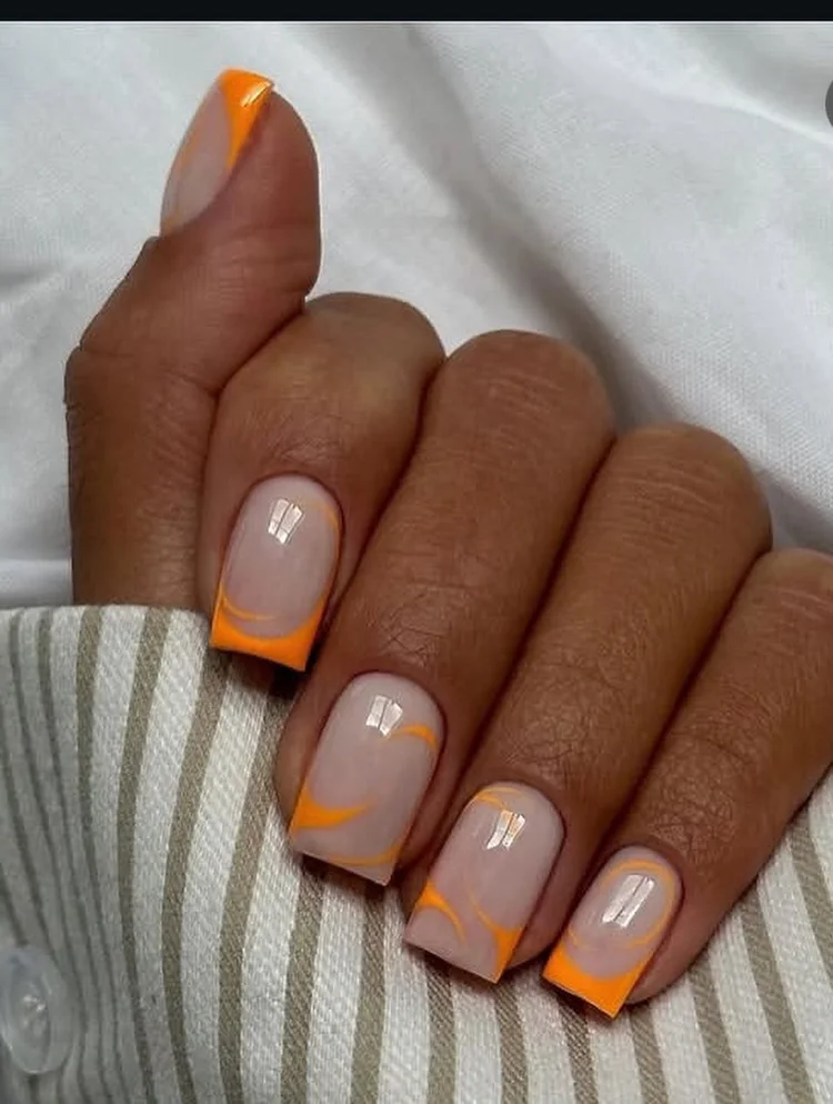 21 summer manicure color ideas 2026 Orange Micro French Nails With Modern Swirl Lines