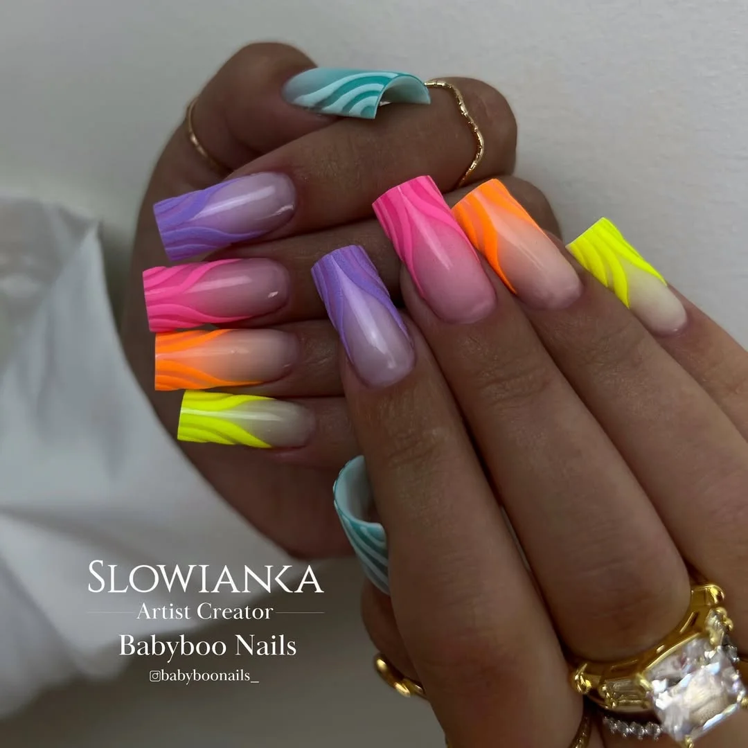 21 summer manicure color ideas 2026 Rainbow Neon Swirl Nails With Retro Summer Energy