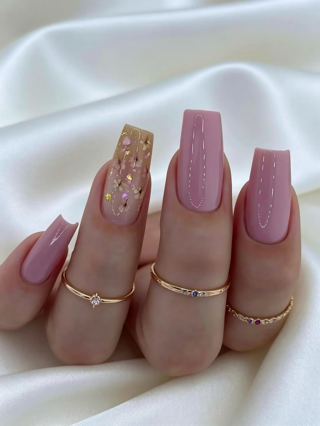 21 summer manicure color ideas 2026 Glossy Blush Pink Nails With Delicate Floral Detail