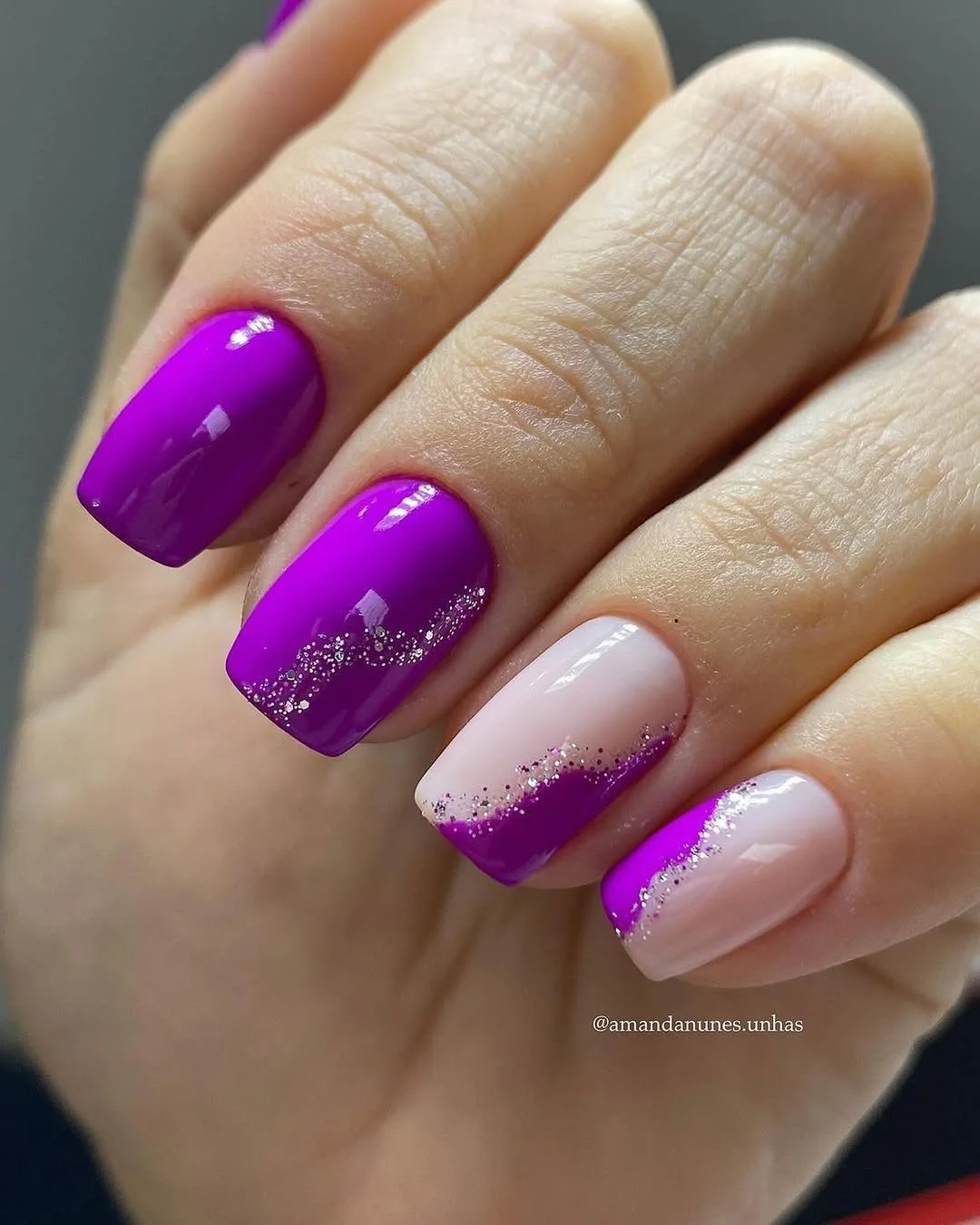 21 summer manicure color ideas 2026 Electric Purple Nails With Glitter Wave Accents