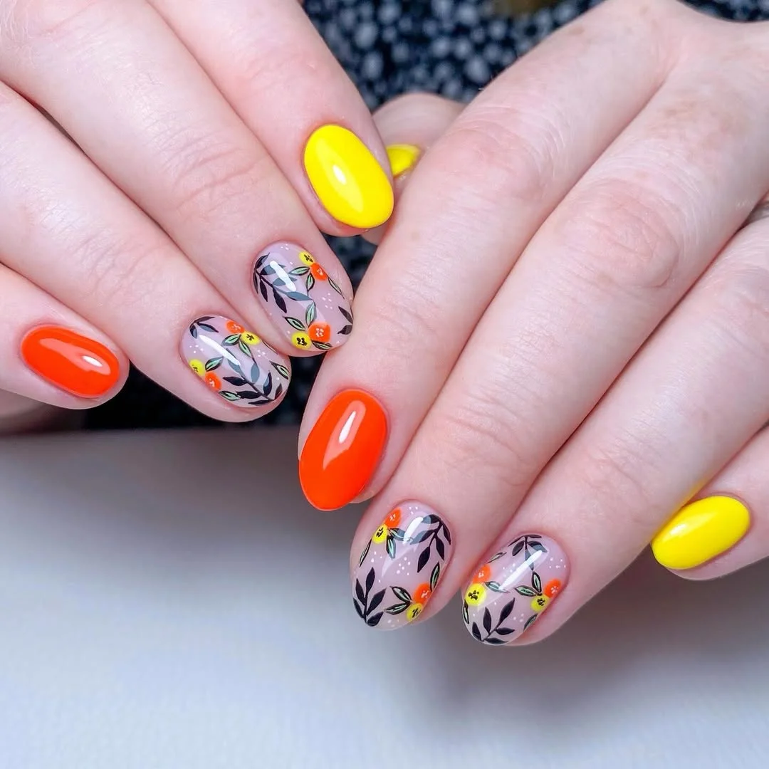 summer nail art 2026 Glossy Citrus Floral Nails With Bright Mediterranean Color