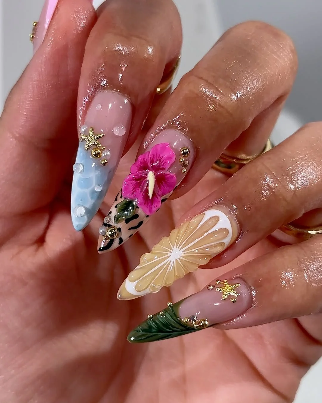 summer nail art 2026 Tropical Resort Nails With 3D Hibiscus And Citrus Details
