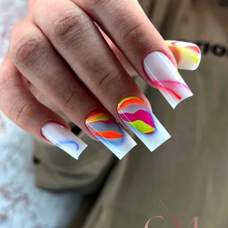 summer nail art 2026 Neon Rainbow Waves That Feel Straight Out Of A Beach Party