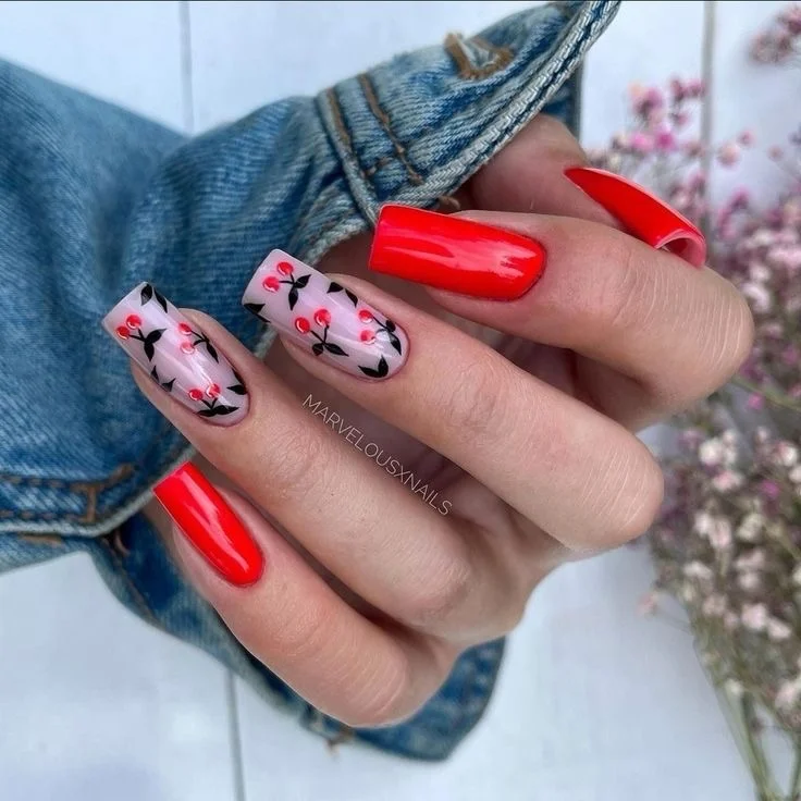 summer nail art 2026 Cherry Red Botanical Nails With Glossy Romantic Details